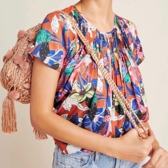 Anthropologie DOLAN Left Coast Pleated Floral Terra Cotta Blouse Top 748 - Picture 1 of 8